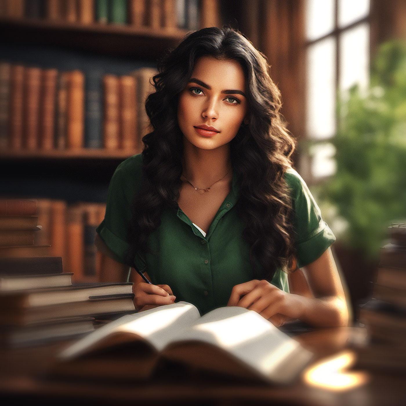 attractive woman studying in library